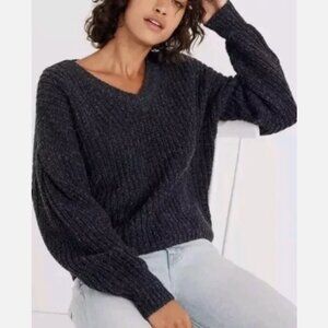 MADEWELL Women’s Small Wool Silk Chunky Knit Sweater Crop Gray Pleat Sleeve